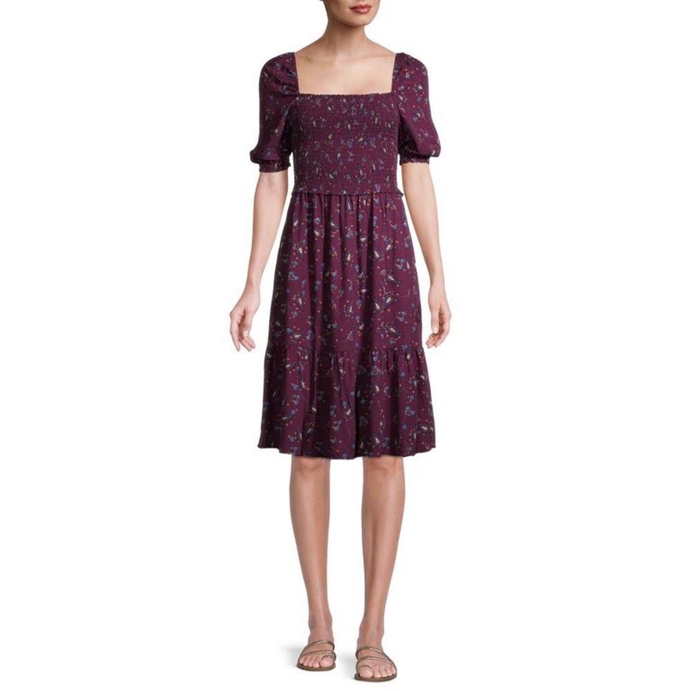NWT Purple Smocked Puff Sleeve Midi Dress